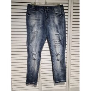 Rampage Sophie Mid Rise Skinny Jeans Blue Distressed Embroidered Text Size 9